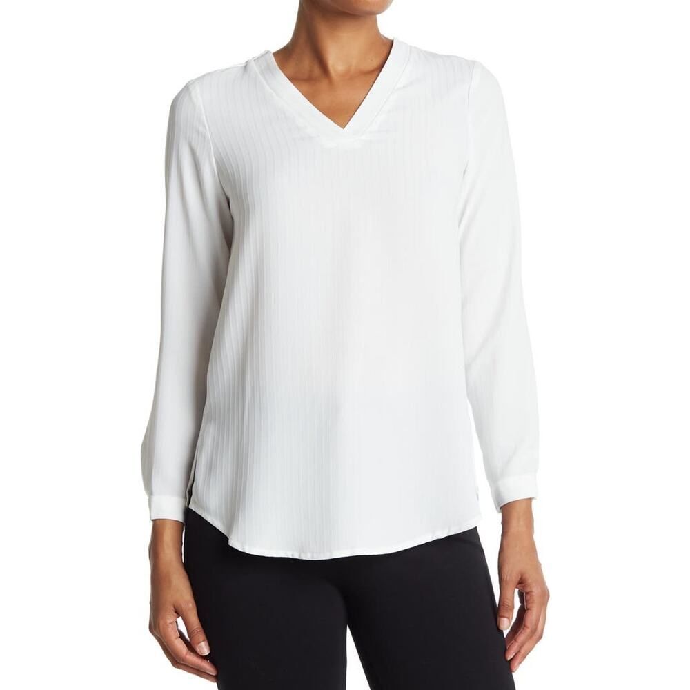 Adrianna Papell Solid Textured Stripe Tunic Women's Med White Long Sleeve V-Neck